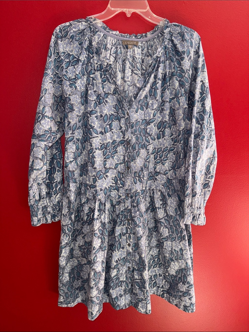 Lilla P Light Blue & Gray Floral Dropwaist Shirtdress M